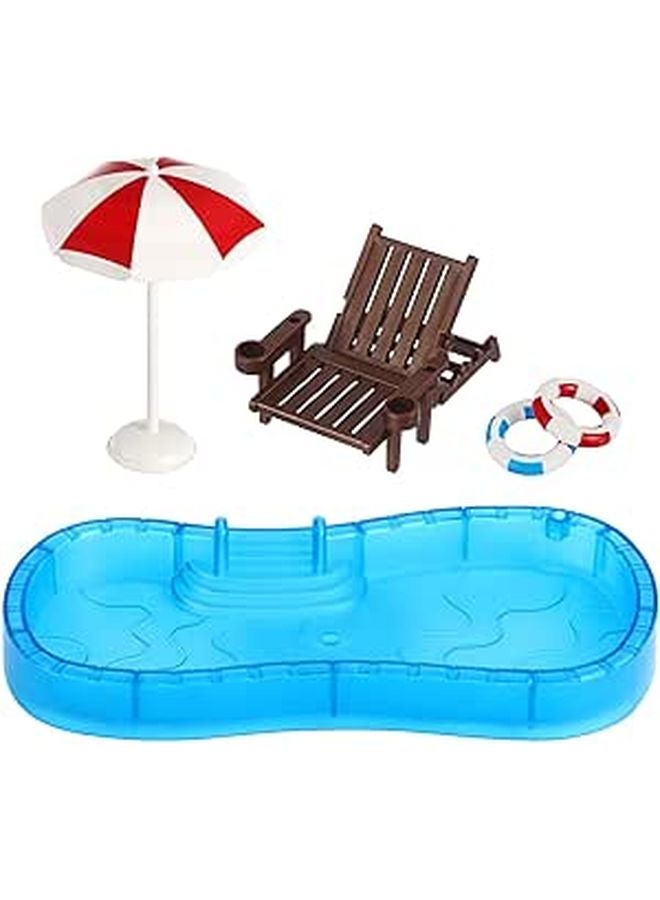 Swimming Pool Miniature Furniture Set With Umbrella Chair And Ring For Dollhouse - Image 1