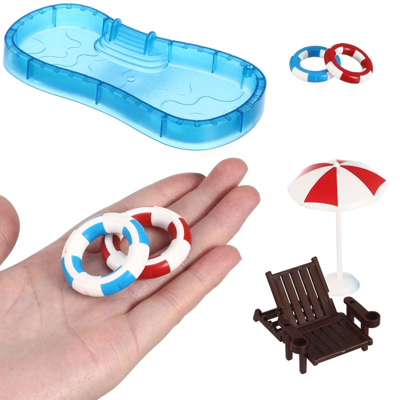 Swimming Pool Miniature Furniture Set With Umbrella Chair And Ring For Dollhouse - Image 5