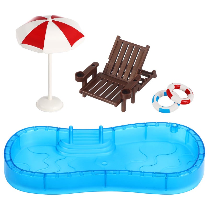 Swimming Pool Miniature Furniture Set With Umbrella Chair And Ring For Dollhouse - Image 2