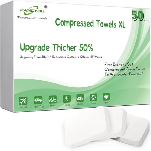 Fancyou Compressed Towel Tablets Thicken, 50 Pack Disposable Face Towel Quickly Expand with Water, Reusable Compact Washcloths 12"x9", Cotton Soft & Lint-Free Portable for Home Travel Beauty Guest - Image 1