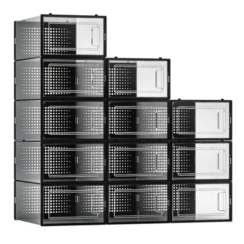 Seseno 12 Pack Shoe Storage Bins, Clear Plastic Stackable Shoe Organizer for Closet, Space Saving Foldable Shoe Rack, Shoe Box Sneaker Holder Container, Black Frame - Image 2