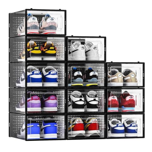 Seseno 12 Pack Shoe Storage Bins, Clear Plastic Stackable Shoe Organizer for Closet, Space Saving Foldable Shoe Rack, Shoe Box Sneaker Holder Container, Black Frame - Image 1