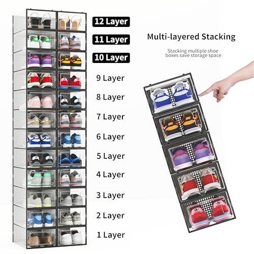 Seseno 12 Pack Shoe Storage Bins, Clear Plastic Stackable Shoe Organizer for Closet, Space Saving Foldable Shoe Rack, Shoe Box Sneaker Holder Container, Black Frame - Image 4