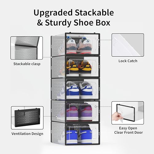 Seseno 12 Pack Shoe Storage Bins, Clear Plastic Stackable Shoe Organizer for Closet, Space Saving Foldable Shoe Rack, Shoe Box Sneaker Holder Container, Black Frame - Image 5