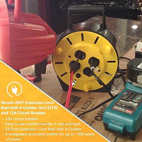 Woods Light Duty Extension Cord Reel - 16/3 Conductor Electrical Cord with 4 Grounded Outlets - 12A Circuit Breaker - Ideal for Light to Medium Duty Tools - Yellow & Black - 25 Feet - Image 3