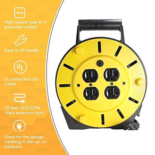 Woods Light Duty Extension Cord Reel - 16/3 Conductor Electrical Cord with 4 Grounded Outlets - 12A Circuit Breaker - Ideal for Light to Medium Duty Tools - Yellow & Black - 25 Feet - Image 2