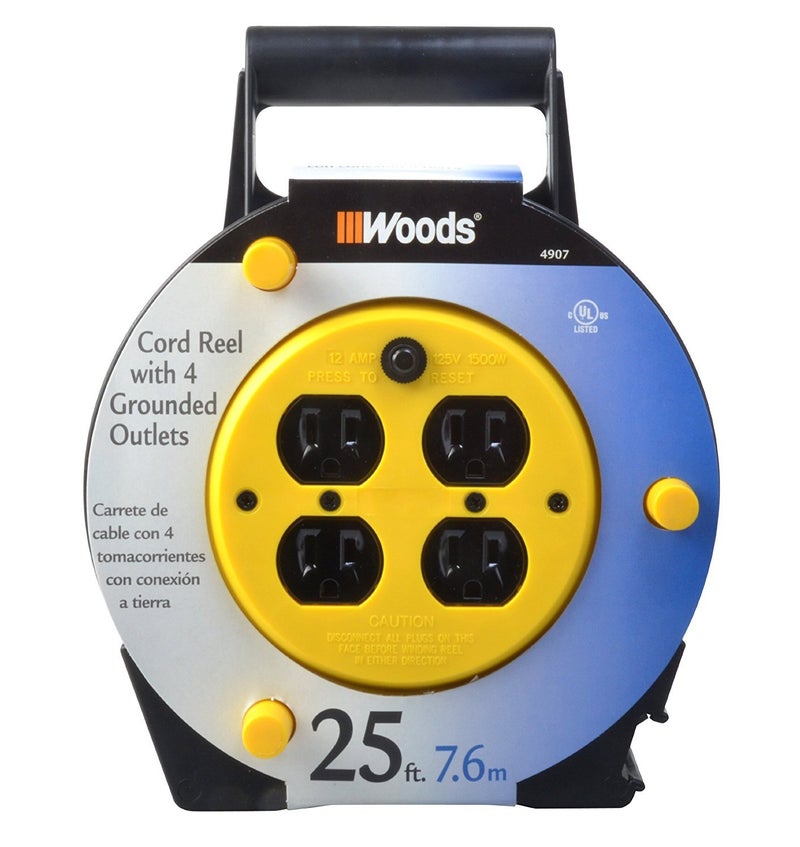 Woods Light Duty Extension Cord Reel - 16/3 Conductor Electrical Cord with 4 Grounded Outlets - 12A Circuit Breaker - Ideal for Light to Medium Duty Tools - Yellow & Black - 25 Feet - Image 5