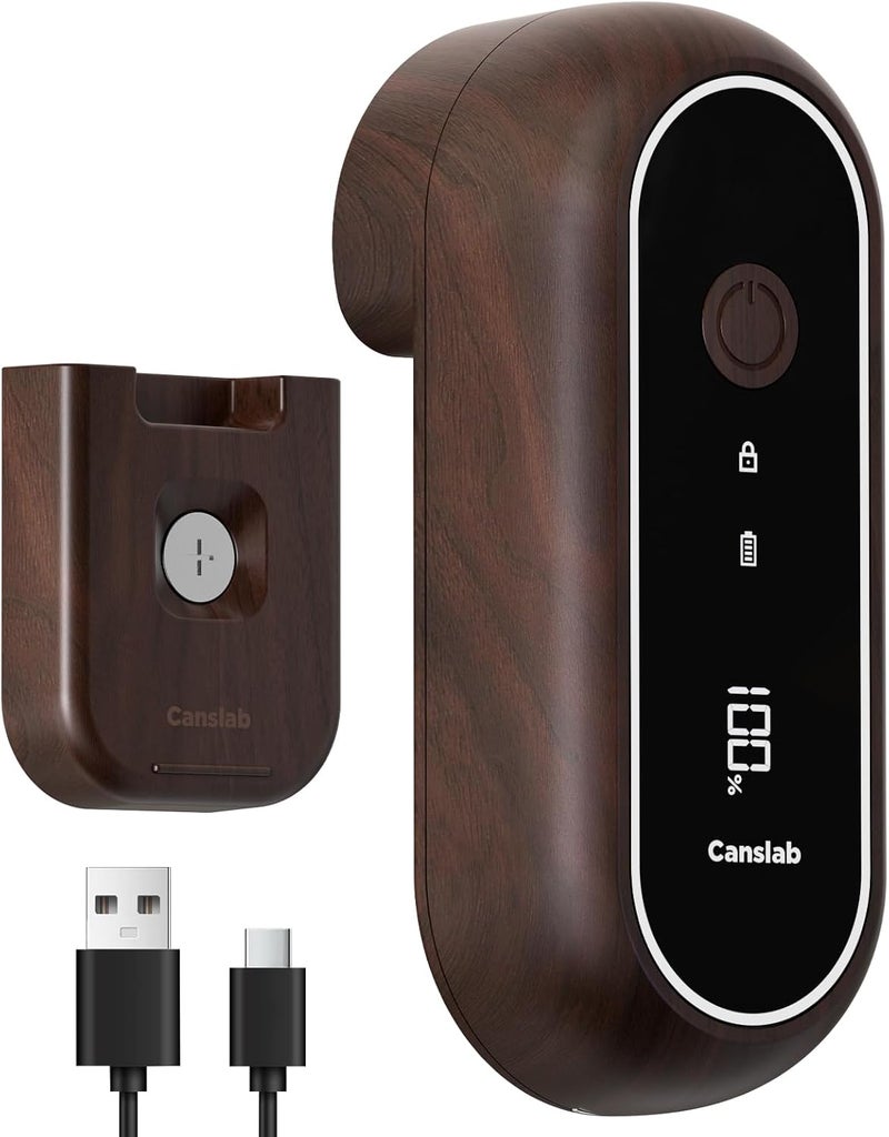 Canslab Turbo - Auto Shut Off Rechargeable Electric Can Openers - LED Battery Display USB Automatic Can Openerfor Kitchen for Seniors with Arthritis - One Touch Side Cut Can Opener Smooth Edge, Wood - Image 1