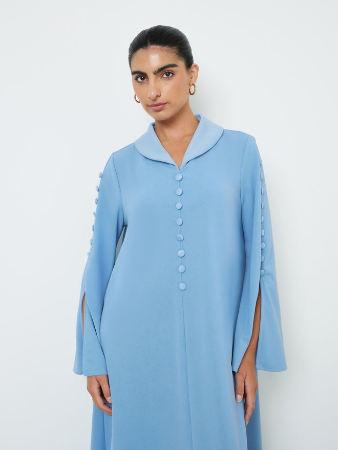 Styli Blue Slit Sleeve Jalabiya with Button Detail - Image 2