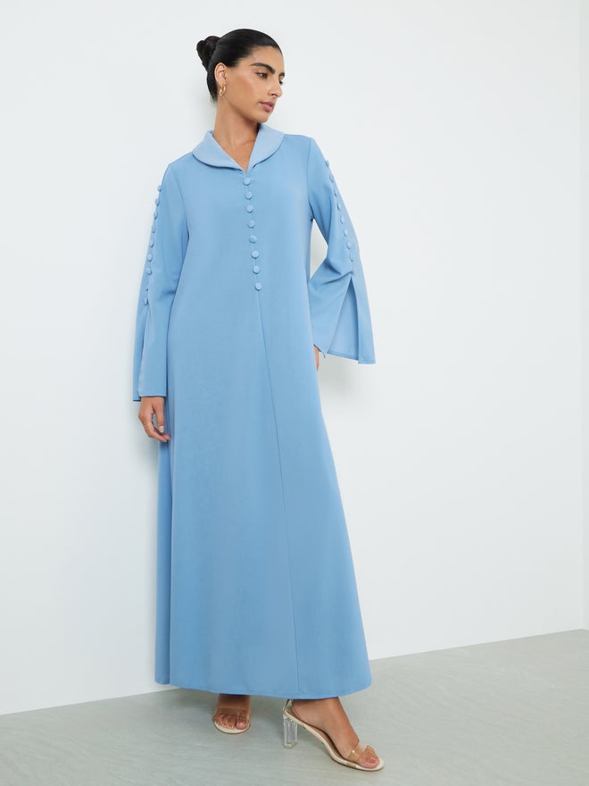 Styli Blue Slit Sleeve Jalabiya with Button Detail - Image 1