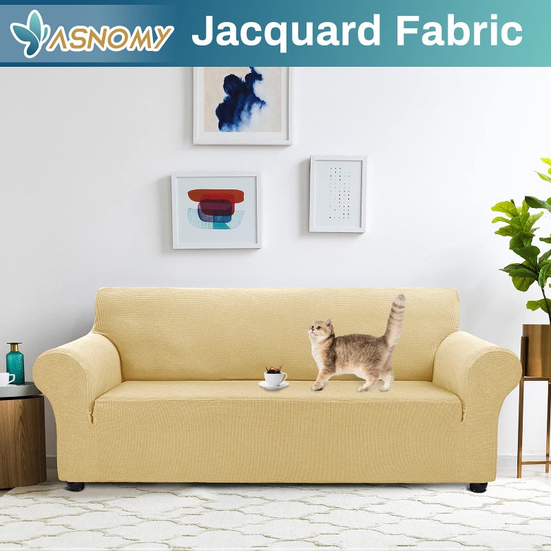 Asnomy Couch Covers for 3 Cushion Couch Stretch Sofa Covers Slipcovers, Pet Protector Furniture Covers for Dogs Cats Spandex Jacquard Fabric Small Checks ï¼ˆLargeï¼ŒChampagneï¼‰ - Image 2