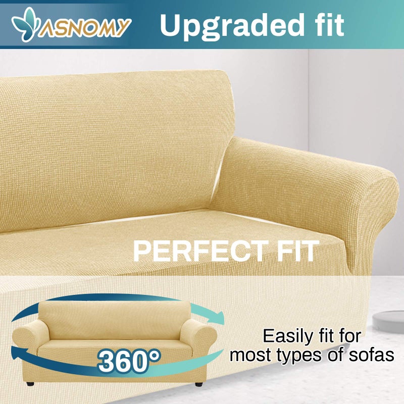 Asnomy Couch Covers for 3 Cushion Couch Stretch Sofa Covers Slipcovers, Pet Protector Furniture Covers for Dogs Cats Spandex Jacquard Fabric Small Checks ï¼ˆLargeï¼ŒChampagneï¼‰ - Image 4