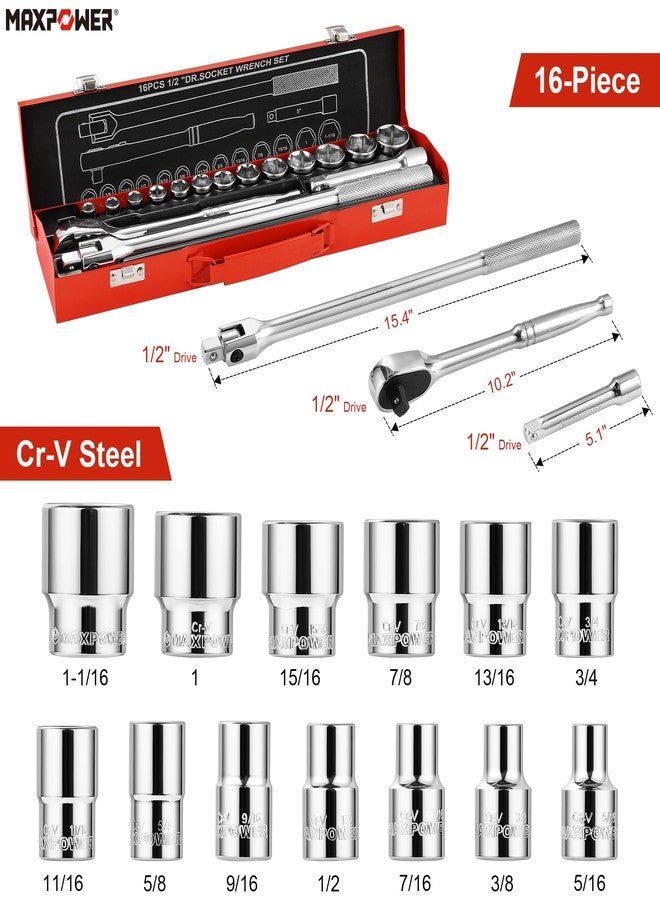 MAXPOWER 1/2" Drive Socket Wrench Set, 16-Piece, Including 13-Piece SAE Sockets, 1/2" Drive Breaker Bar, 1/2" Ratchet Wrench and Extension Bar - Image 2