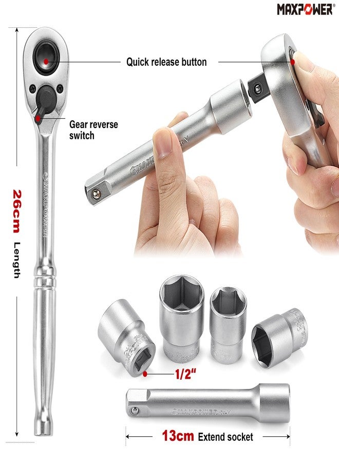 MAXPOWER 1/2" Drive Socket Wrench Set, 16-Piece, Including 13-Piece SAE Sockets, 1/2" Drive Breaker Bar, 1/2" Ratchet Wrench and Extension Bar - Image 3