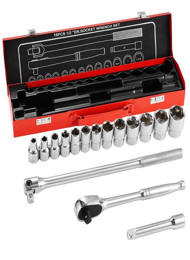MAXPOWER 1/2" Drive Socket Wrench Set, 16-Piece, Including 13-Piece SAE Sockets, 1/2" Drive Breaker Bar, 1/2" Ratchet Wrench and Extension Bar - Image 1
