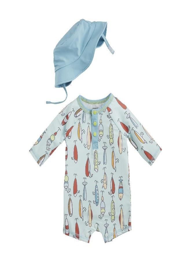 mud pie Mud Pie baby boys Mud Pie Rashguard Swimsuit and Hat Set, Fishing Lure, 3-6 Months US  - Image 1