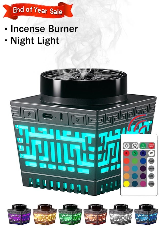 New Style - Hollow Design USB Type-C Electric Arabian Incense Burner Home Decoration with 16 Colored Lights Remote Control and Auto-Stop Bukhoor Incense Burner - Image 1