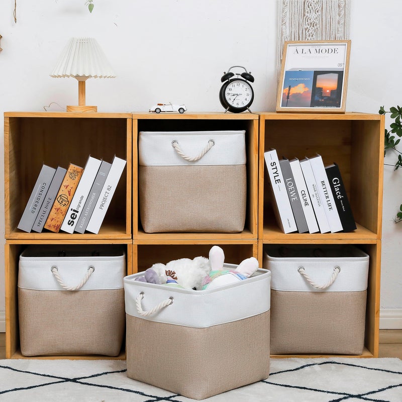 MidmmVick 13 x 13 Inch Cube Storage Bins, 4 Pack Large Collapsible Fabric Storage Bin with Ropes, Foldable Storage Cubes for Home, Office,Closet, Clothes, Toys Organizer (White & Beige) - Image 2