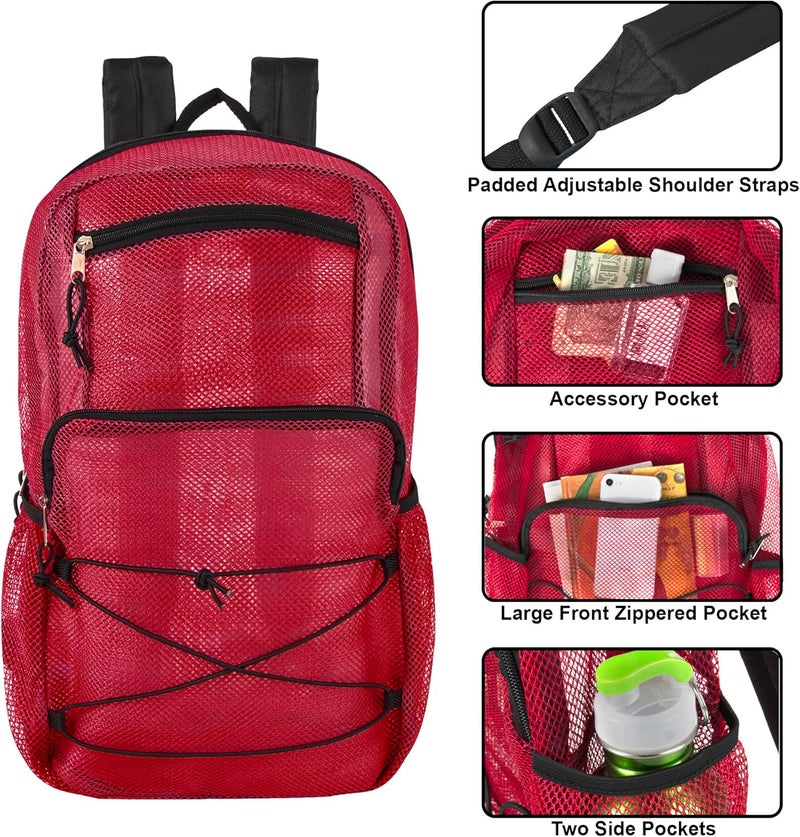 Trailmaker Deluxe See Through Mesh Backpack with Bungee Cord & Adjustable Padded Straps for Swimming, Travel (Red) - Image 2