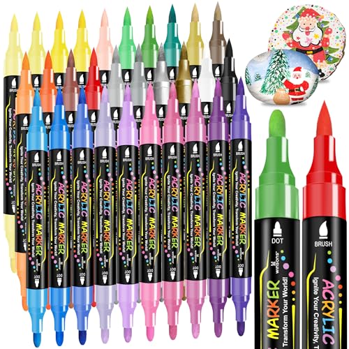 WINSONS 30 Colors Dual Tip Acrylic Paint Markers Pens- Premium Acrylic Paint Markers, Brush & Round Tips, Quick-Drying - for Rock, Canvas, Ceramic, Wood (30 Colors) - Image 1