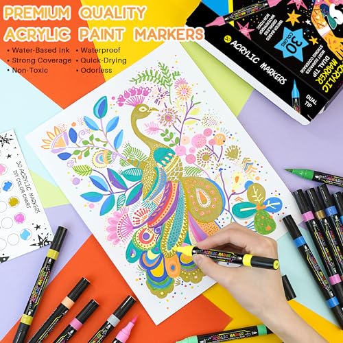 WINSONS 30 Colors Dual Tip Acrylic Paint Markers Pens- Premium Acrylic Paint Markers, Brush & Round Tips, Quick-Drying - for Rock, Canvas, Ceramic, Wood (30 Colors) - Image 2