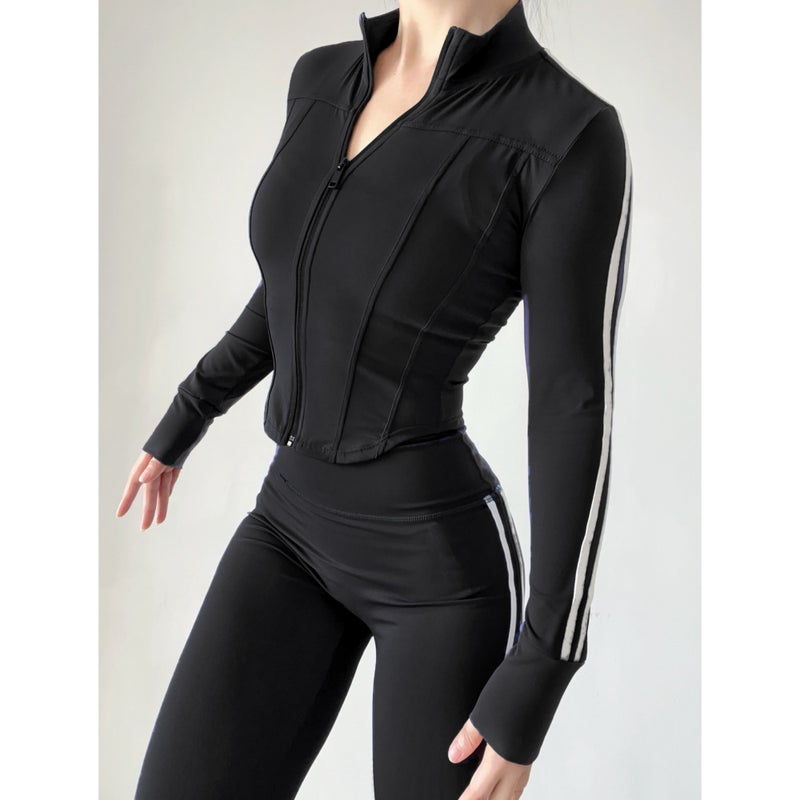 Generic Striped Yoga Suit Womens Running Quick-drying Training Pilates Sports suit Slim-fit Slimming Fitness Two-piece Set 1616 Black (jacket) 