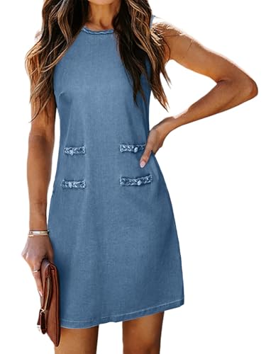 Simplee Apparel Simplee Summer Dresses for Women 2025 Denim Crew Neck Vintage Dresses Elegant Cute Mini Jean Dress with Pockets（Denim Blue M） - Image 1