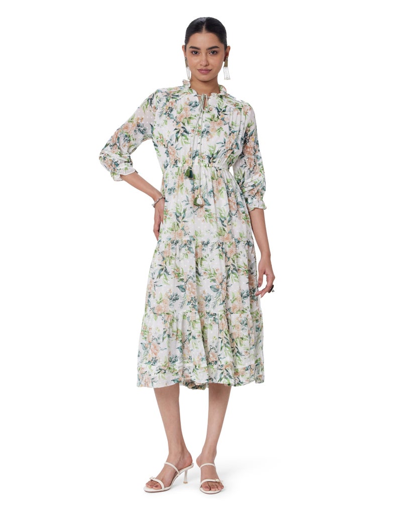 BIBA Women Printed Knee-Length Tired_Dress Mix and Match(Casual DRESSES2462_White_38) - Image 1