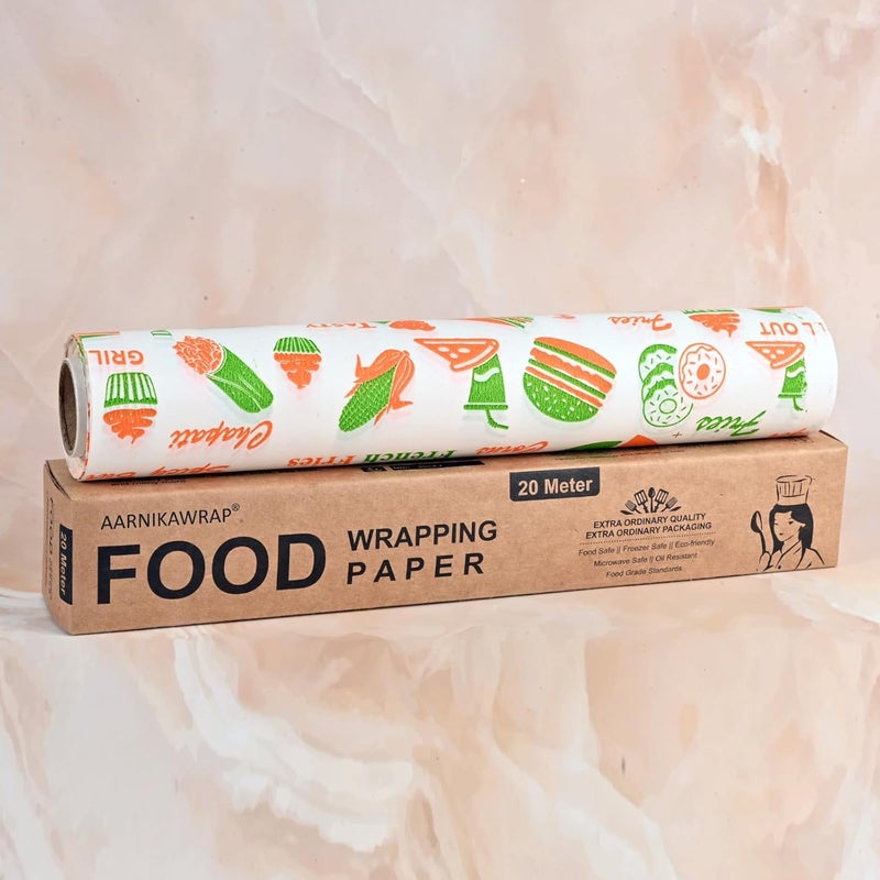 Aarnikawrap Printed Butter Paper for Food Wrapping Water Grease Resistant Biodegradable Parchment Roll NonStick Reheatable Oven Safe Roll Foodsafe Packing Serving Multicolor Print 20 M - Image 1