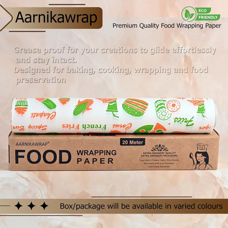 Aarnikawrap Printed Butter Paper for Food Wrapping Water Grease Resistant Biodegradable Parchment Roll NonStick Reheatable Oven Safe Roll Foodsafe Packing Serving Multicolor Print 20 M - Image 3