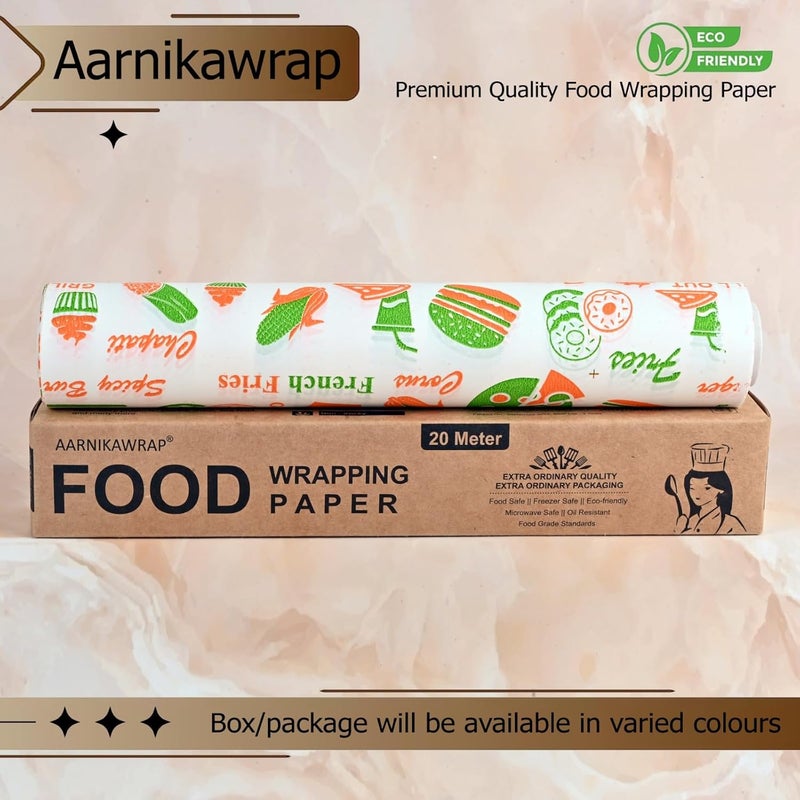 Aarnikawrap Printed Butter Paper for Food Wrapping Water Grease Resistant Biodegradable Parchment Roll NonStick Reheatable Oven Safe Roll Foodsafe Packing Serving Multicolor Print 20 M - Image 4