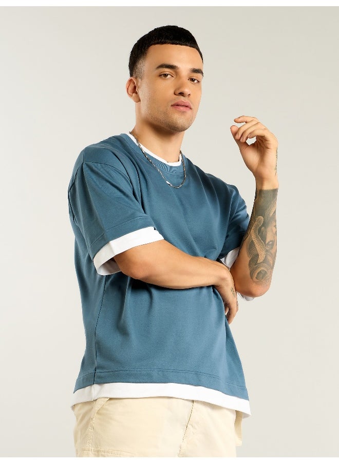 Beyoung Smoky Blue Jersey Knit Oversized T-Shirt  - Image 4