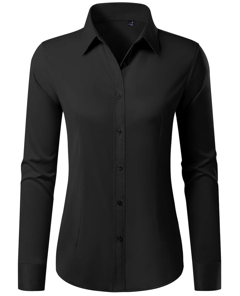 Gleeivy Button Down Shirts for Women Stain Shield No Iron Solid Button Blouse Slim Fit Silk Cotton Black Collared Long Sleeve Stretch Casual Business Dress Button Up Shirt Office Uniform - Image 1