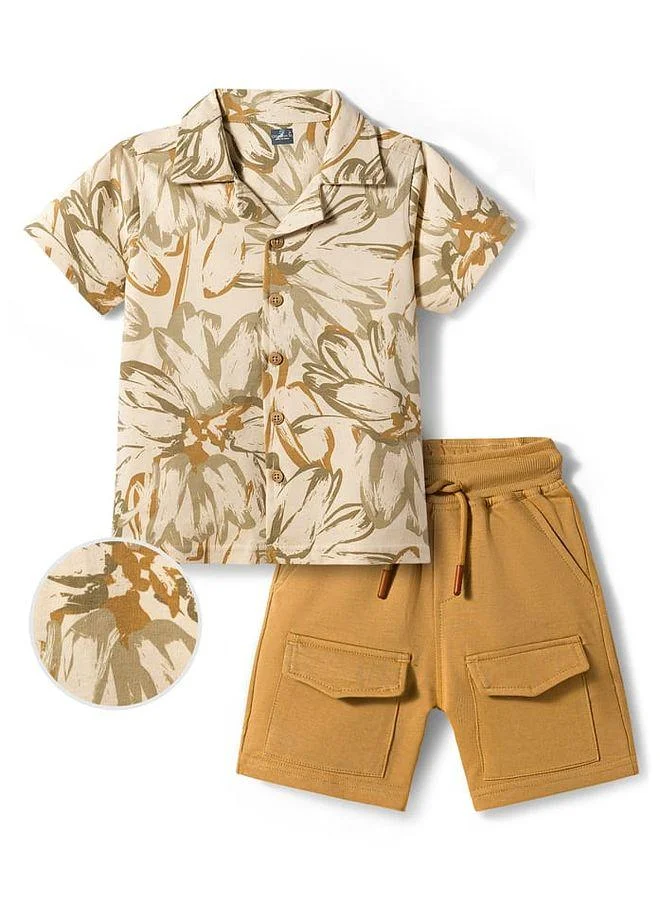 شارع أولينغتون أولينغتون ستريت طقم قميص وشورت بأكمام قصيرة من قطن محبوك مطبوع بنقشة زهور - بني