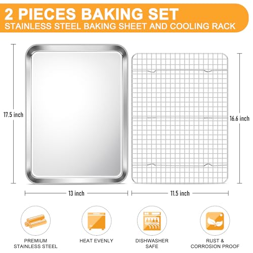 E-far Efar Baking Sheet with Wire Rack Set 176 x 13 Stainless Steel Cookie Sheet Baking Pan for Oven Rimmed Large Metal Tray with Cooling Rack for Cooking Roasting NonToxic Dishwasher Safe - Image 3