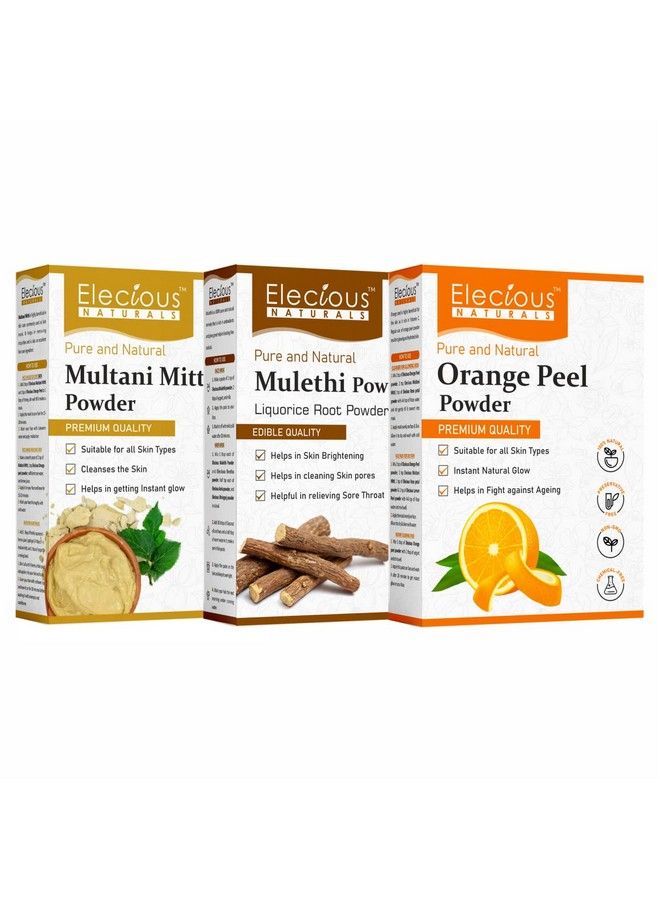 Elecious Mulethi Powder Multani Powder And Orange Peel Powder Combo (200 Grams Each = 600 Grams Total) For Instant Glow Brighten Complexion And Detanning - Image 1