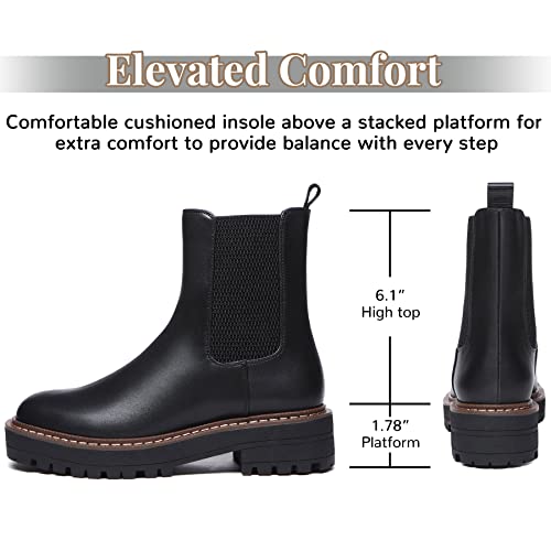 Athlefit Women's Chelsea Ankle Boots Platform Slip On Chunky Heel Lug Sole Leather Booties Black 8 - Image 2