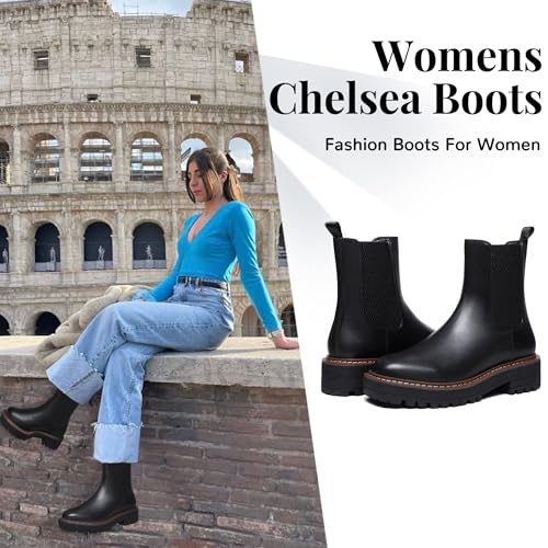 Athlefit Women's Chelsea Ankle Boots Platform Slip On Chunky Heel Lug Sole Leather Booties Black 8 - Image 4