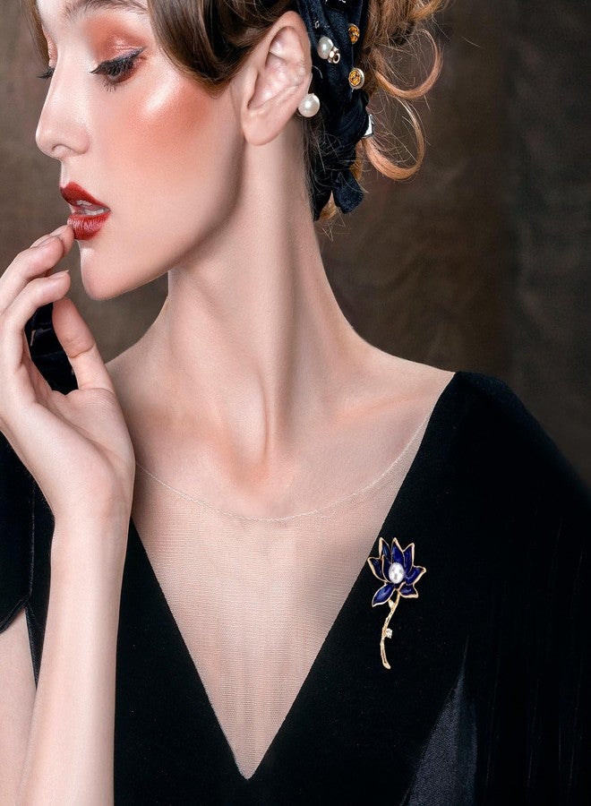 Wynameleri Lapel Pins Brooch Fashion Blue Lotus Flower Design with Pearl in Gift Box - Image 5
