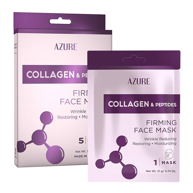 Azure Cosmetics Collagen Peptides Lifting Facial Sheet Restoring Smoothing Moisturizing Face Mask Helps Reduce Fine Lines Wrinkles Smooths Repairs Skin Care Made in Korea Pack of 5