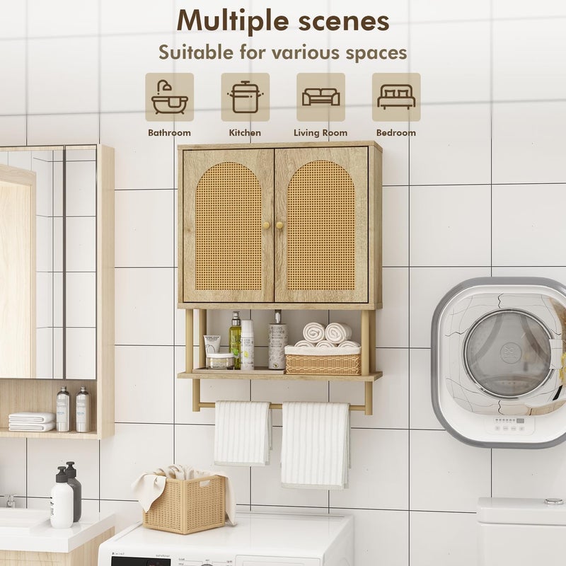 RUSTOWN Rattan Bathroom Wall Cabinet, Modern Boho Medicine Cabinet with Two Arched Rattan Doors, Over The Toilet Storage Cabinet with Adjustable Shelf and Towel Bar for Bathroom (Natural,Medium) - Image 4