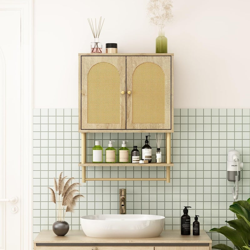 RUSTOWN Rattan Bathroom Wall Cabinet, Modern Boho Medicine Cabinet with Two Arched Rattan Doors, Over The Toilet Storage Cabinet with Adjustable Shelf and Towel Bar for Bathroom (Natural,Medium) - Image 5