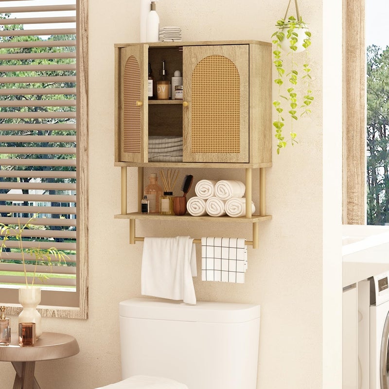 RUSTOWN Rattan Bathroom Wall Cabinet, Modern Boho Medicine Cabinet with Two Arched Rattan Doors, Over The Toilet Storage Cabinet with Adjustable Shelf and Towel Bar for Bathroom (Natural,Medium) - Image 2