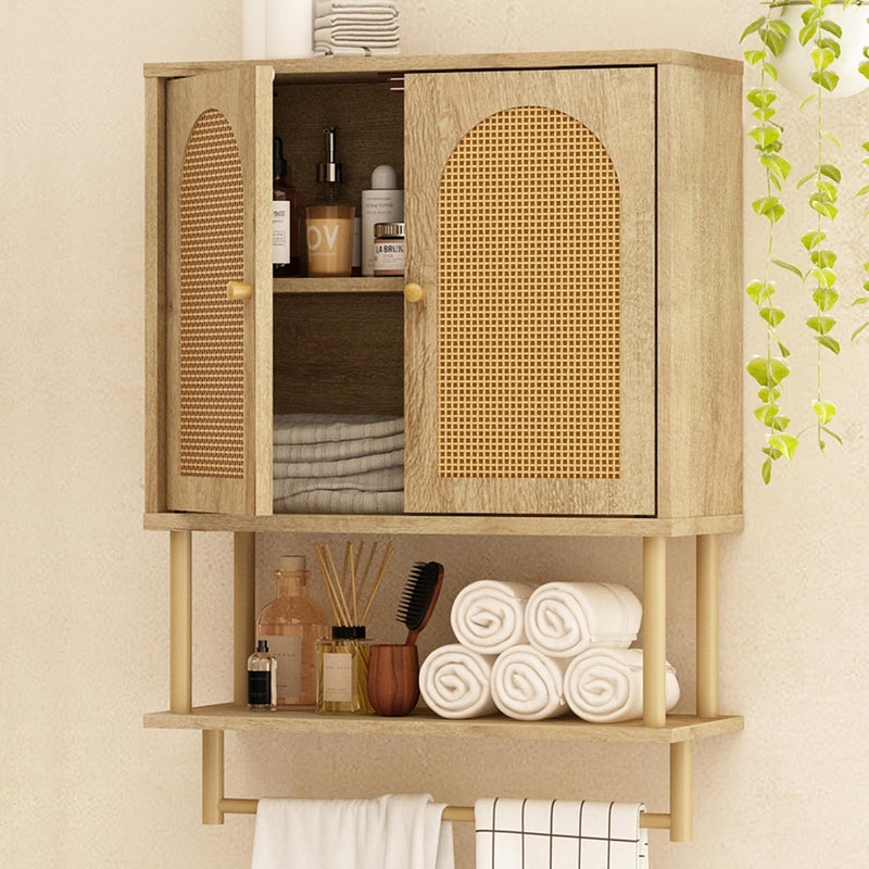 RUSTOWN Rattan Bathroom Wall Cabinet, Modern Boho Medicine Cabinet with Two Arched Rattan Doors, Over The Toilet Storage Cabinet with Adjustable Shelf and Towel Bar for Bathroom (Natural,Medium) - Image 1