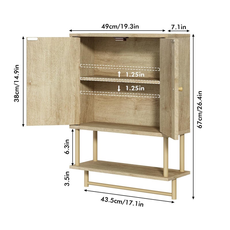 RUSTOWN Rattan Bathroom Wall Cabinet, Modern Boho Medicine Cabinet with Two Arched Rattan Doors, Over The Toilet Storage Cabinet with Adjustable Shelf and Towel Bar for Bathroom (Natural,Medium) - Image 3