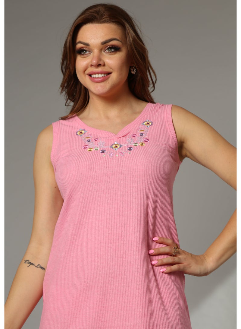 zecotex  Women's Short Ribbed Cotton Nightgown - Sleeveless V-Neck with Colorful Floral Embroidery - Soft Pink. - Image 2