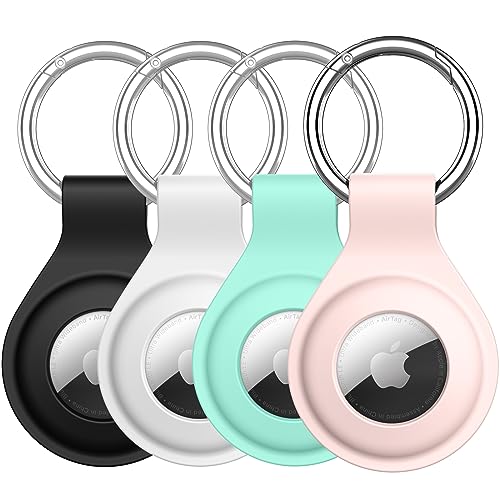 JETech Silicone Case for AirTag 2021 with Keychain, Protective Air Tag Holder, Portable Keyring Cover, Easy Installation, 4-Pack (Black/White/Pink/Mint Green) - Image 1