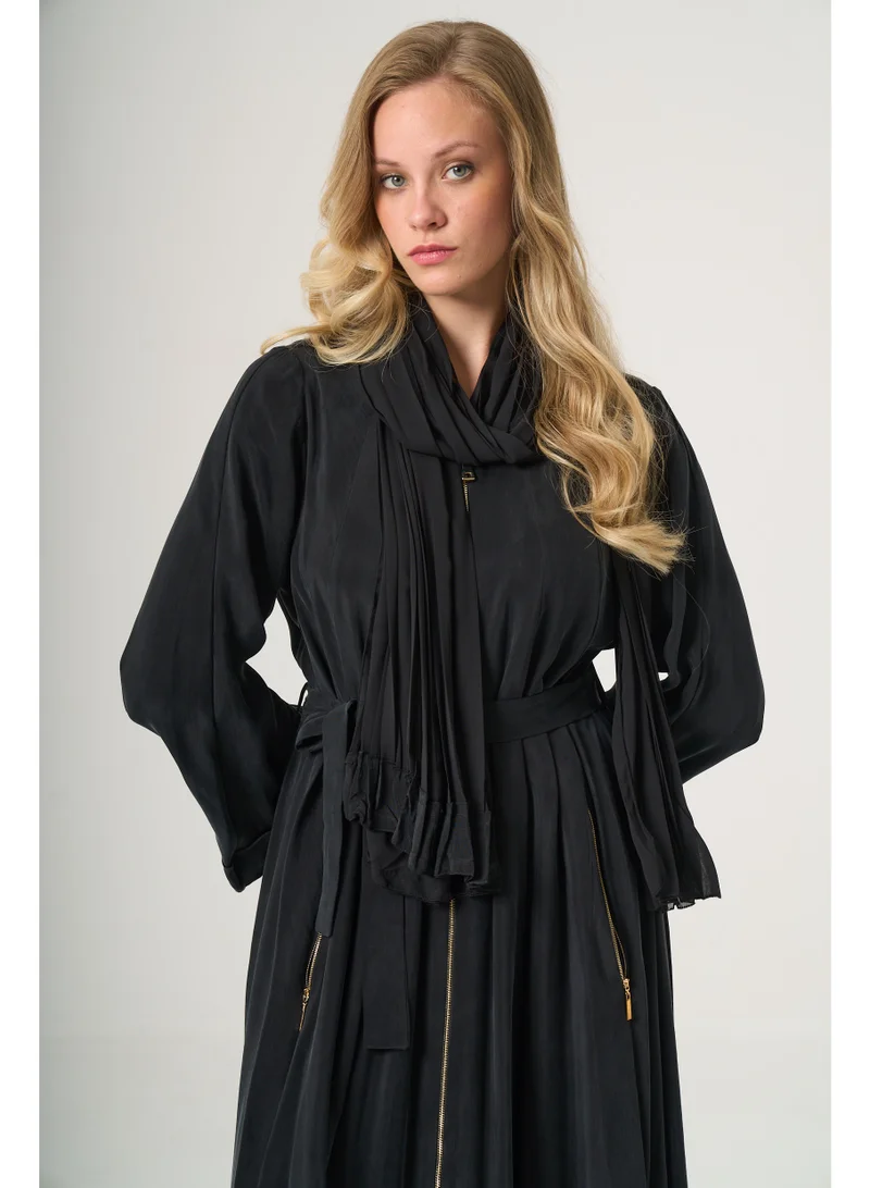 MissWhence  Belted Flowing Abaya with Matching Scarf for Women - Black for Women | Best Price UAE
