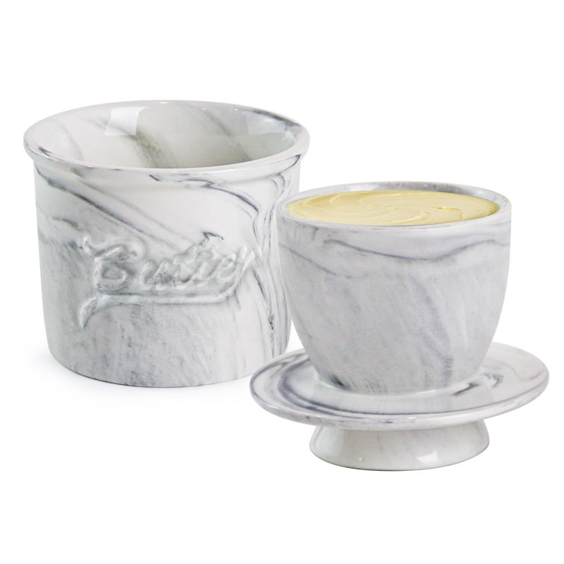MSJGA Butter Crock for Counter with Water French Butter Keeper for Spreadable Butter Marble Ceramic Butter Dish with Lid for Countertop Butter Container Holder