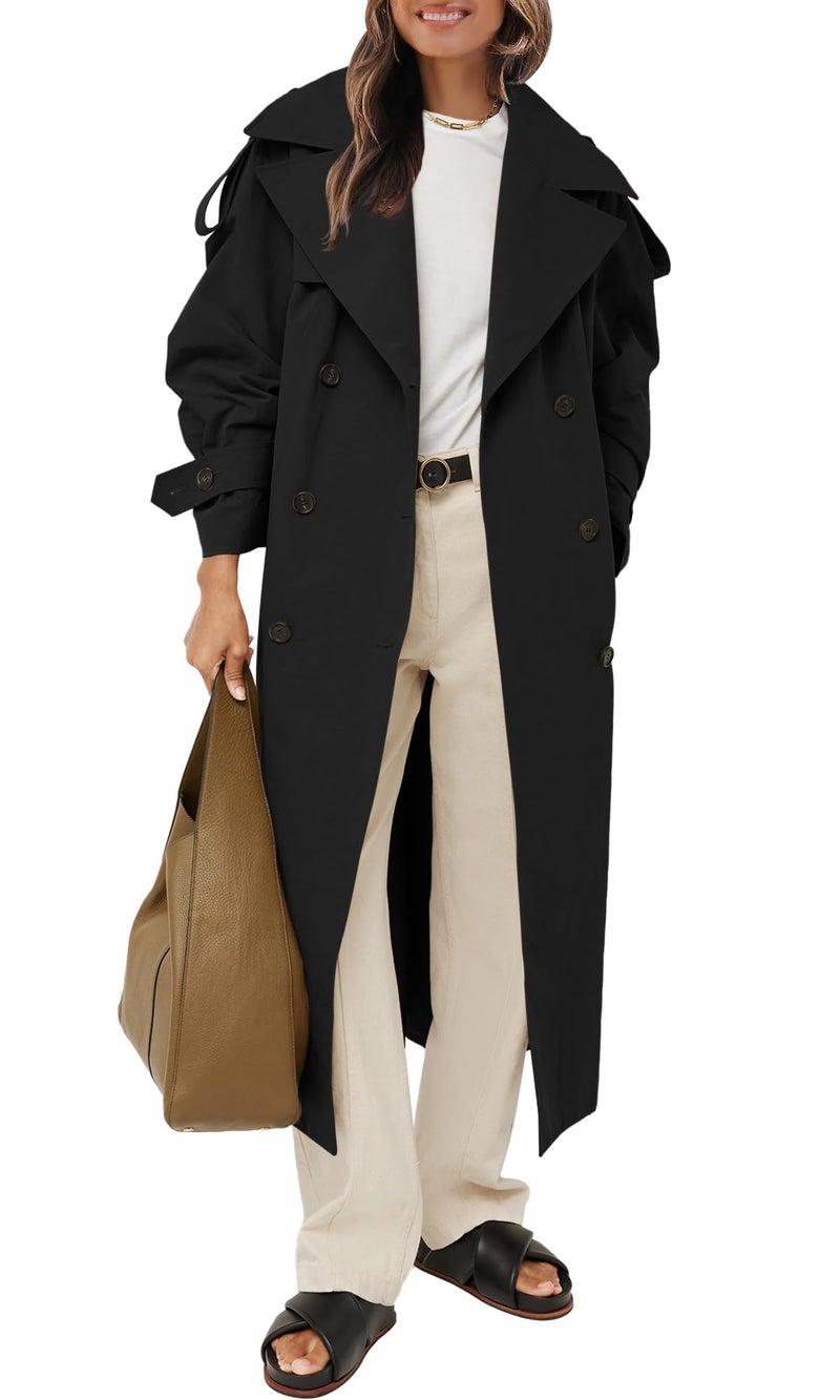 Farktop Womens Oversized Long Trench Coat Double Breasted Lapel Windproof Overcoat with Belt - Image 5